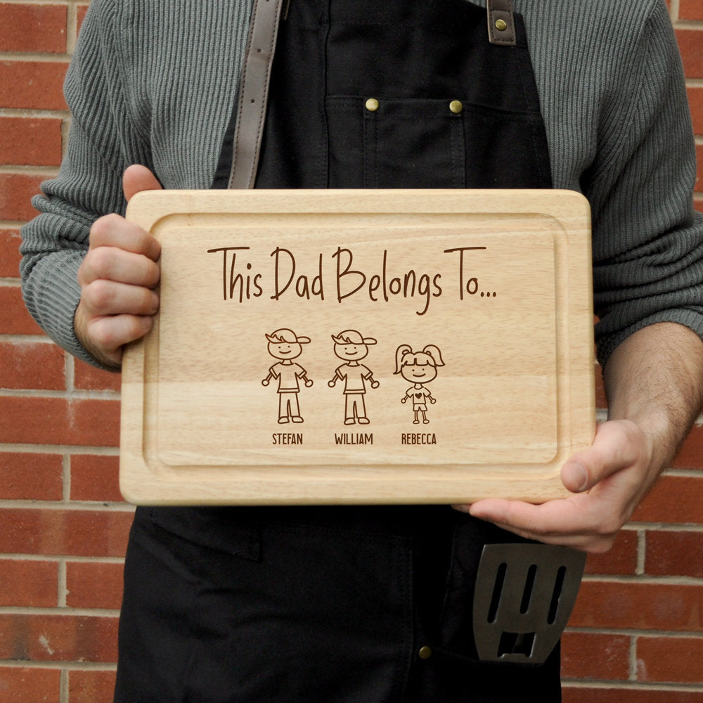 Personalised "This Dad Belongs To" Family Portrait Wooden Chopping Board